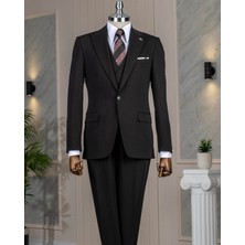Italyan Stil Slim Fit Ceket Yelek Pantalon Takım Elbise Siyah T13960