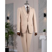 Italyan Stil Slim Fit Ceket Yelek Pantolon Takım Elbise Bej T14184