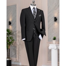 Italyan Stil Slim Fit Ceket Yelek Pantolon Takım Elbise Siyah T14311