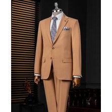 Italyan Stil Slim Fit Ceket Pantalon Takım Elbise Camel T14000