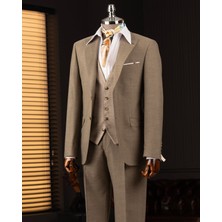 Italyan Stil Kombin Takım Elbise Ceket Yelek Pantalon Haki T14036
