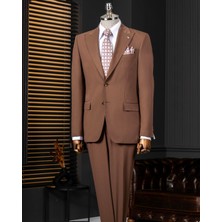 İtalyan stil slim fit ceket pantolon takım elbise kahverengi T14007