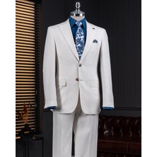 Italyan Stil Slim Fit Mono Yaka Ceket Pantolon Takım Elbise Ekru T14293