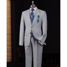 Italyan Stil Kombin Takım Elbise Ceket Yelek Pantalon Mavi T14038