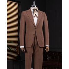 Italyan Stil Slim Fit Mono Yaka Ceket Pantolon Takım Elbise Kahverengi T14012