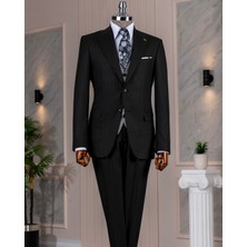 Italyan Stil Kombin Takım Elbise Ceket Yelek Pantalon Siyah T14043