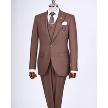 Italyan Stil Slim Fit Erkek Ceket Yelek Pantolon Takım Elbise Kahverengi T13463