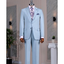 Italyan Stil Slim Fit Mono Yaka Ceket Pantolon Takım Elbise Mavi T14238