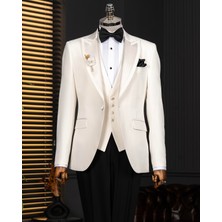 İtalyan stil slim fit sivri yaka ceket yelek pantolon damatlık set ekru T14333