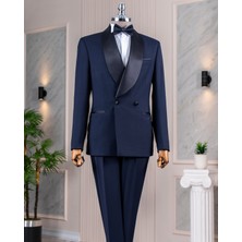 Italyan Stil Slim Fit Şal Yaka Ceket Pantolon Damatlık Set Lacivert T14286