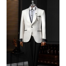 Italyan Stil Slim Fit Şal Yaka Ceket Yelek Pantolon Damatlık Set Ekru T14252