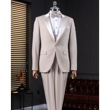 İtalyan stil slim fit sivri yaka ceket yelek pantolon damatlık set bej T14332