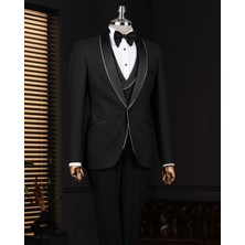 Italyan Stil Şal Yaka Ceket Yelek Pantolon Damatlık Set Siyah T14266