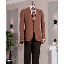 Italyan Stil Slim Fit Mono Yaka Erkek Tek Ceket Kahve T14375