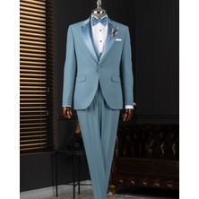 İtalyan stil slim fit şal yaka ceket yelek pantolon damatlık set mavi T14335
