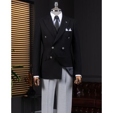 Italyan Stil Slim Fit Kruvaze Erkek Tek Ceket Siyah T14397