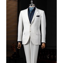 Italyan Stil Slim Fit Gofre Kumaş Ceket Pantalon Takım Elbise Ekru T13875