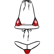 Siyah Ipli Kırmızı Deri Görünümlü Ipli Bikini Takımı