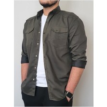 Tomiross Kıvanç Haki Erkek Rahat Esnek Slim Fit Kalıp Pamuklu Kot Gömlek KIVANC-1927