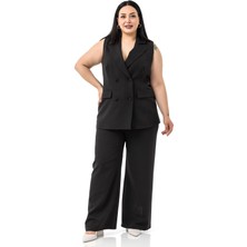 Büyük Beden Kaplama Düğmeli Yelek Pantolon Siyah Ikili Takım