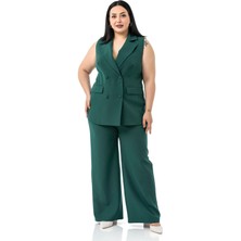 Büyük Beden Kaplama Düğmeli Yelek Pantolon Zümrüt Yeşili Ikili Takım