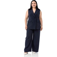 Büyük Beden Kaplama Düğmeli Yelek Pantolon Lacivert Ikili Takım