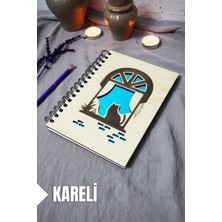 Kedi Desenli Ahşap Kapaklı Defter - Kareli Defter - Ajanda - Okul Defteri (A5 - 120 Sayfa)