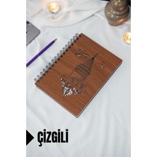 Galata Kulesi Temalı Ahşap Kapaklı Defter - Çizgili Defter - Ajanda - Okul Defteri (A5 - 120 Sayfa)