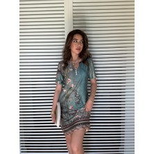 Kadın Kısa Kollu V Yakalı Çiçek Baskılı Midi Süprem Elbise - L-Xl - Yeşil