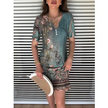 Kadın Kısa Kollu V Yakalı Çiçek Baskılı Midi Süprem Elbise - L-Xl - Yeşil
