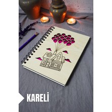 Uçan Balon Ev Desenli Ahşap Kapaklı Defter - Kareli Defter - Ajanda - Okul Defteri (A5 - 120 Sayfa)