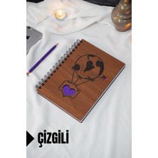 Uçan Balon Temalı Ahşap Kapaklı Defter - Çizgili Defter - Ajanda - Okul Defteri (A5 - 120 Sayfa)
