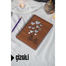 Bisiklet Balon Temalı Ahşap Kapaklı Defter - Çizgili Defter - Ajanda - Okul Defteri (A5 - 120 Sayfa)