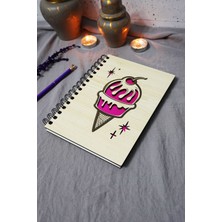 Dondurma Desenli Ahşap Kapaklı Defter - Çizgisiz Defter - Günlük - Ajanda-Hediyelik-A5 Anı Defteri