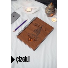 Galata Kulesi Temalı Ahşap Kapaklı Defter - Çizgili Defter - Ajanda - Okul Defteri (A5 - 120 Sayfa)