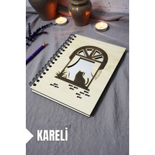 Kedi Desenli Ahşap Kapaklı Defter - Kareli Defter - Ajanda - Okul Defteri (A5 - 120 Sayfa)