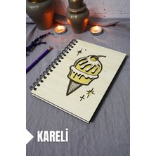 Dondurma Desenli Ahşap Kapaklı Defter - Kareli Defter - Ajanda - Okul Defteri (A5 - 120 Sayfa)