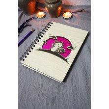 Kedi Desenli Ahşap Kapaklı Defter - Çizgisiz Defter - Günlük - Ajanda-Hediyelik-A5 Anı Defteri