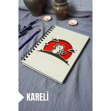 Kedi Desenli Ahşap Kapaklı Defter - Kareli Defter - Ajanda - Okul Defteri (A5 - 120 Sayfa)