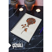 Gül Temalı Ahşap Kapaklı Defter - Çizgili Defter - Ajanda - Okul Defteri (A5 - 120 Sayfa)