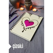 Kalp Desenli Ahşap Kapaklı Defter - Çizgili Defter - Ajanda - Okul Defteri (A5 - 120 Sayfa)