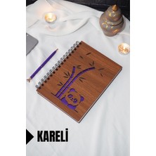 Panda Temalı Ahşap Kapaklı Defter - Kareli Defter - Ajanda - Okul Defteri (A5 - 120 Sayfa)