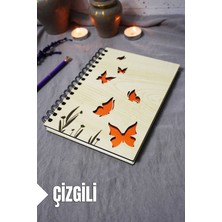 Kelebek Desenli Ahşap Kapaklı Defter - Çizgili Defter - Ajanda - Okul Defteri (A5 - 120 Sayfa)