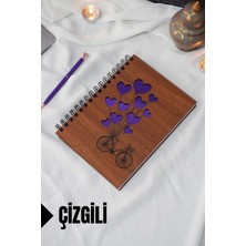 Bisiklet Balon Temalı Ahşap Kapaklı Defter - Çizgili Defter - Ajanda - Okul Defteri (A5 - 120 Sayfa)