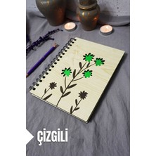 Çiçek Desenli Ahşap Kapaklı Defter - Çizgili Defter - Ajanda - Okul Defteri (A5 - 120 Sayfa)