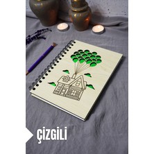 Uçan Balon Ev Ahşap Kapaklı Defter - Çizgili Defter - Ajanda - Okul Defteri (A5 - 120 Sayfa)