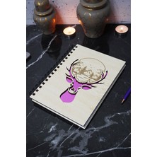 Geyik Figürlü Ahşap Kapaklı Defter - Çizgisiz Defter -Günlük - A5 Anı Defteri