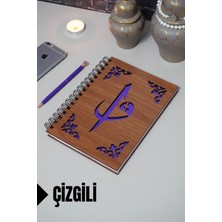 Elif Vav Desenli Ahşap Kapaklı Defter - Çizgili Defter - Ajanda - Okul Defteri (A5 - 120 Sayfa)