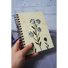 Çiçek Desenli Ahşap Kapaklı Defter - Çizgisiz Defter - Günlük - Ajanda-Hediyelik-A5 Anı Defteri