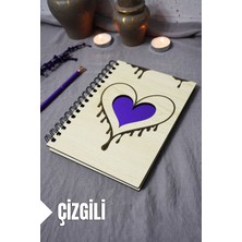 Kalp Desenli Ahşap Kapaklı Defter - Çizgili Defter - Ajanda - Okul Defteri (A5 - 120 Sayfa)